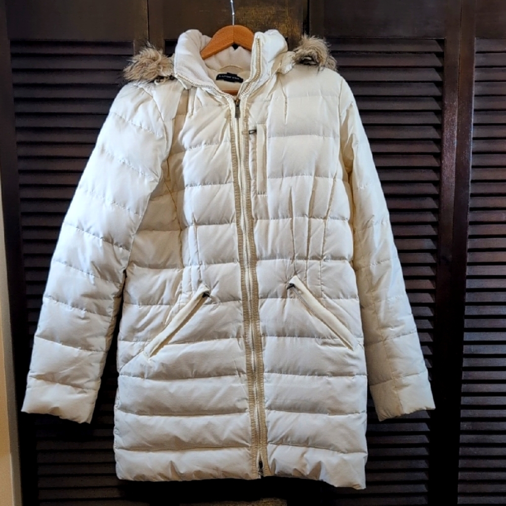 Lands End Women's Cream Puffer Coat with Removable Fur Hood